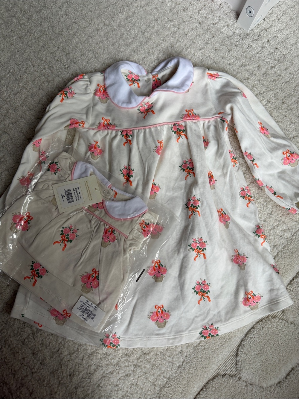 The Beaufort Bonnet Company Cream Dress with Pink Floral Print + Doll outfit